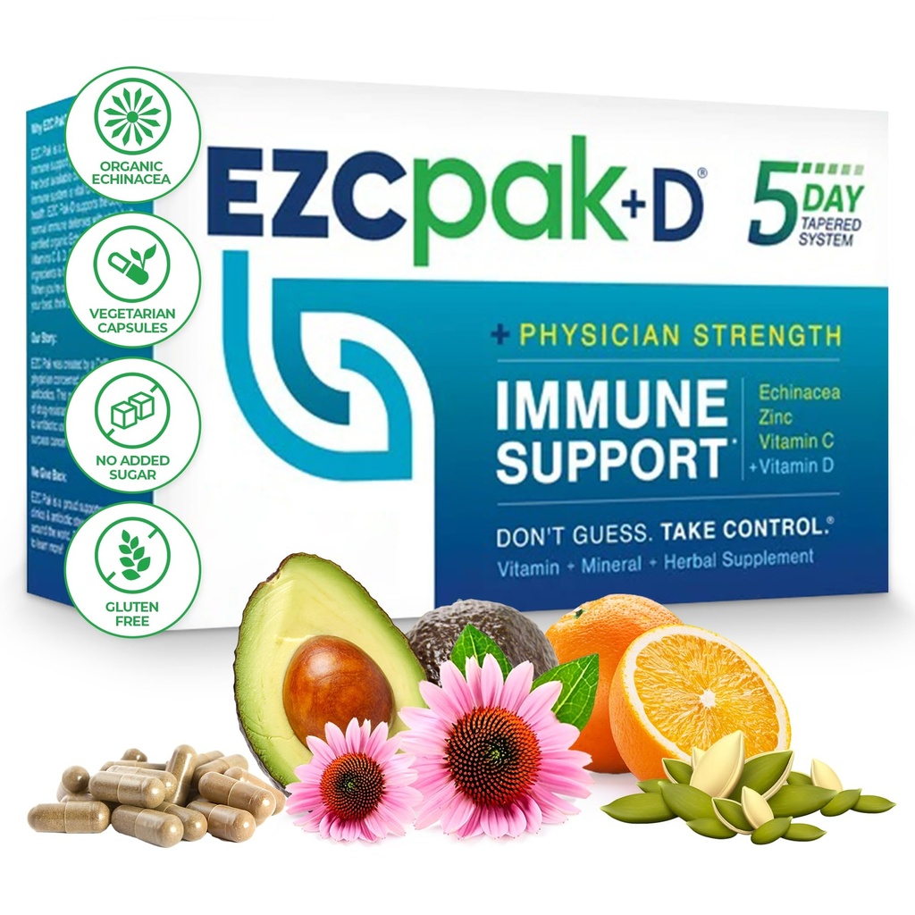 EZC Pak 5-Day Immune System Booster con Echinacea, Vitamina C, Zinc & Vitamina D - Tapered Immune Support Suplemento para adultos - Supports Immunity, Easy Travel-Size Supplement Pack