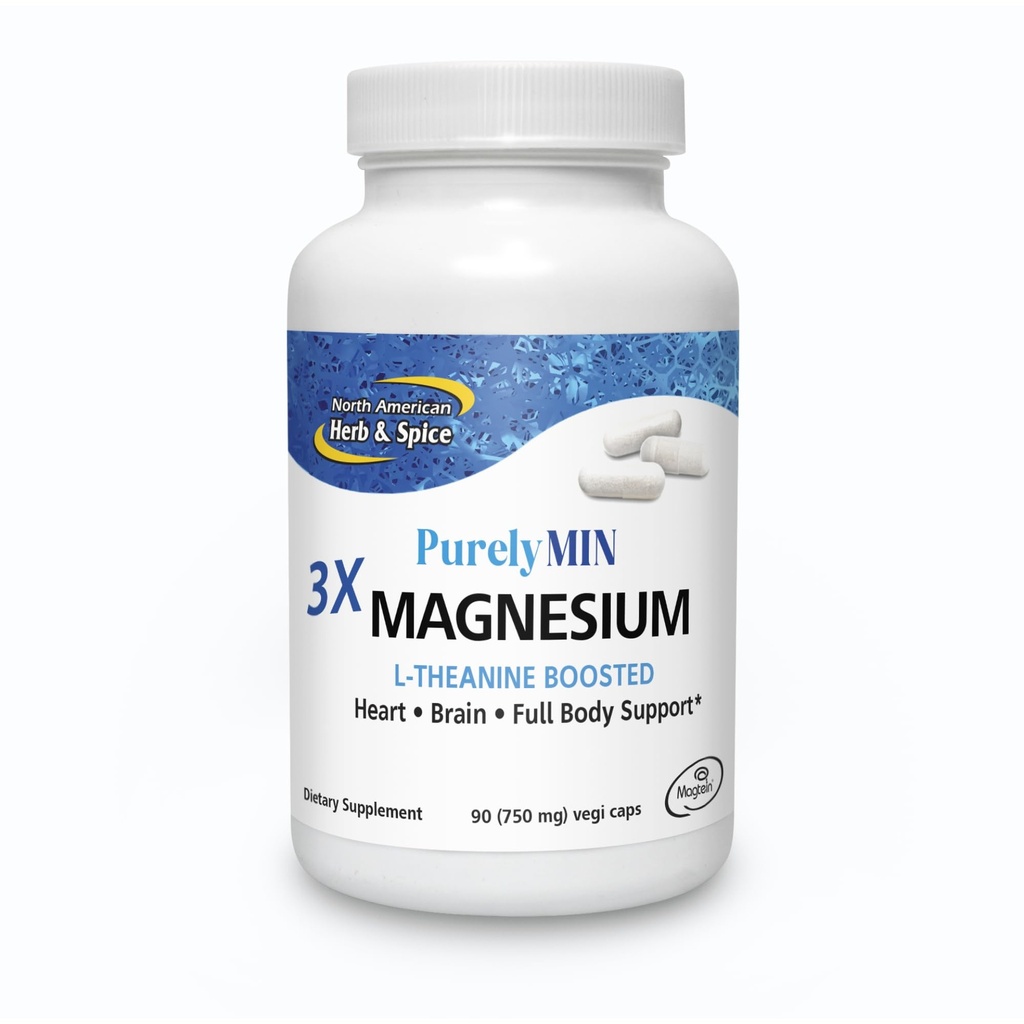 NORTH AMERICAN HERB & SPICE PurelyMin - 90 Vegi Caps - Highly Absorbable Magnesium Complex + L-Theanine - 30 Servings