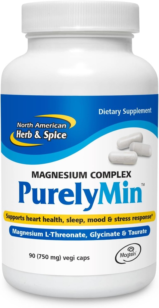 NORTH AMERICAN HERB &amp; SPICE PurelyMin - 90 Vegi Caps - Complejo de Magnesio altamente absorbible + L-Theanine - 30 Servimientos