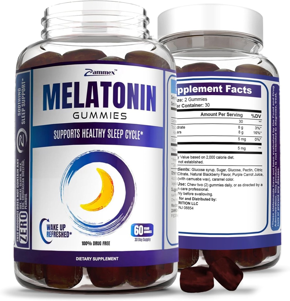 Zammex Melatonin Gummies 5mg Silencio 60 Conde ← Suplemento para el sueño para adultos tóxicos para el sueño libre Ayuda para el sueño Gummy