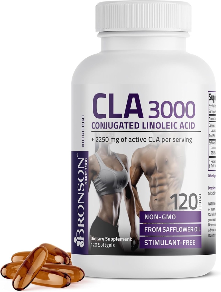 Bronson CLA 3000 Extra High Potency Supports Healthy Weight Management Lean Muscle Mass Non-Stimulation Conjugated Linoleic Acid 120 Softgels