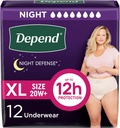 Depend Night Defense Adult Diapers, Incontinence & Postpartum Bladder Leak Underwear for Women, Disposable, Overnight, Extra-Large, Blush, 12 Count, Packaging May Vary