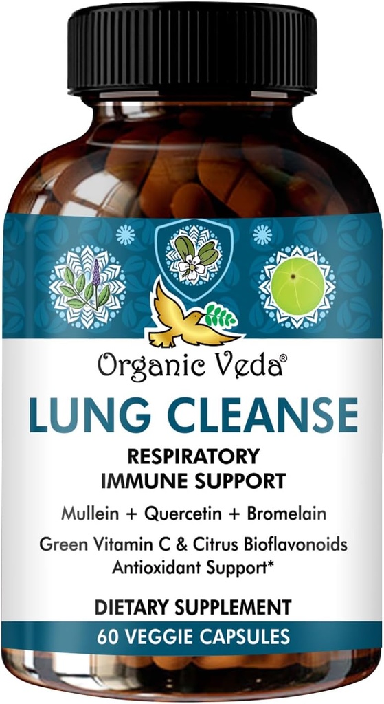 Orgánica Veda Mullein Turmeric Quercetin Lung Cleanse Capsules - Potente Bioflavonoides, Superfruits Vitamin C, Bromelain, Mullein Leaf Extract - Bronchial & Clear Lungs Suplemento - 60 Vegan Pills