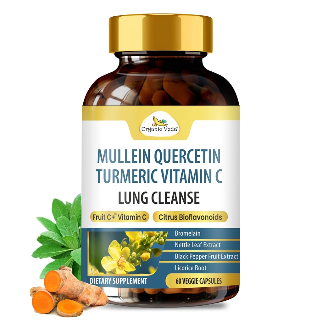 Orgánica Veda Mullein Turmeric Quercetin Lung Cleanse Capsules - Potente Bioflavonoides, Superfruits Vitamin C, Bromelain, Mullein Leaf Extract - Bronchial & Clear Lungs Suplemento - 60 Vegan Pills