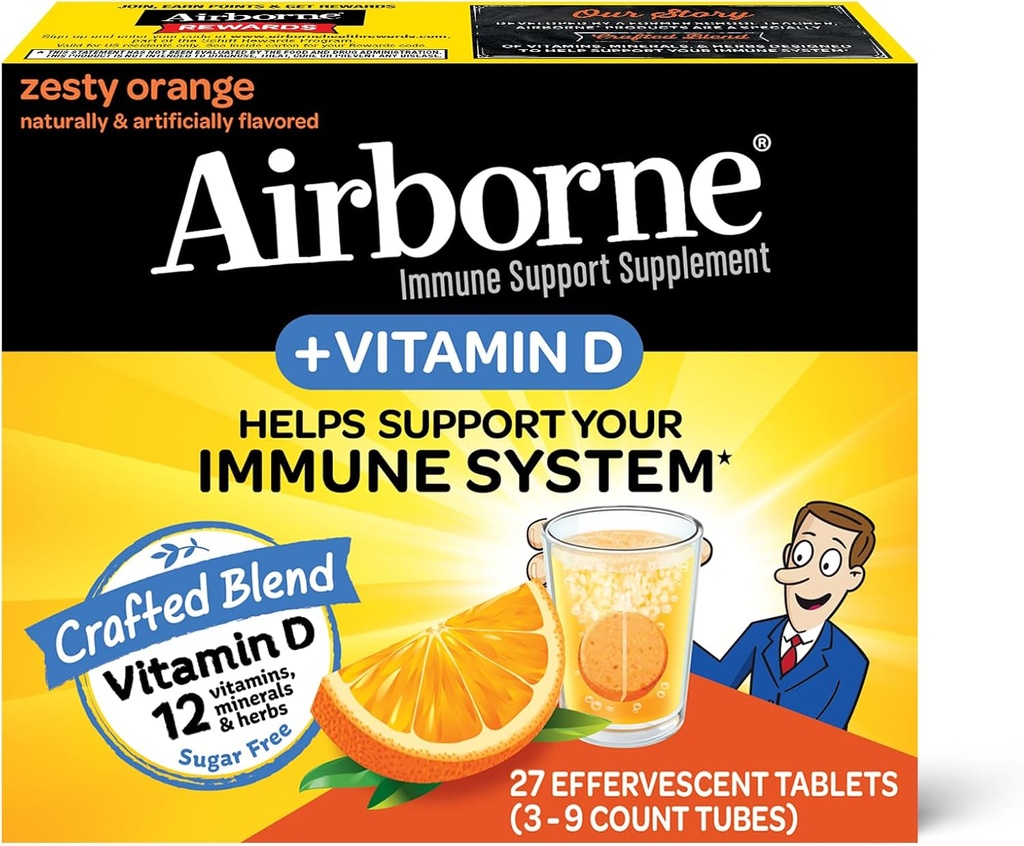 Airborne 750mg Vitamina C con Tablas Efervescentes Zinc, Complemento de Apoyo Inmune con Antioxidantes potentes Vitaminas A C D3 &amp; E - 27 Tablas de Bebidas Fizzy, Zesty Orange Flavor