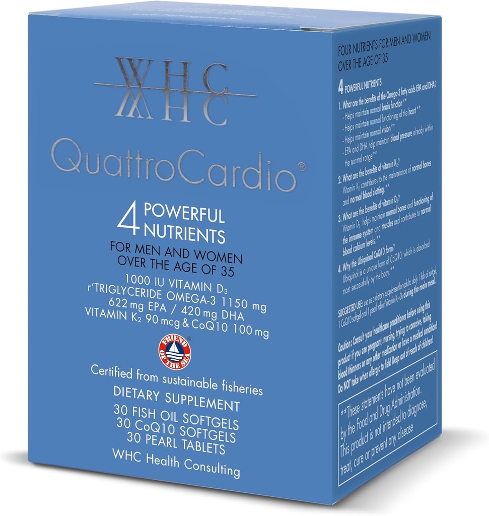 WHC QuattroCardio Omega-3 1200 mg, Vitamina D3 1000 UI, EPA 600 mg, DHA 495 mg, Vitamina K2 90 mcg, CoQ10 100 mg, Naranja natural, 30 Aceite de pescado Softgels, 30 CoQ10 Softgels & 30 tabletas de perlas Vitamina K2+D3