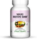 Maxi Health Biotin 5000 mcg – Peluquería y uñas Vitaminas para Mujeres y Hombres – Alta Potencia Vitamina B7 Suplemento para el Crecimiento del Pelo, uñas fuertes y piel sana – Kosher, Doctor Formulado – 120 cápsulas