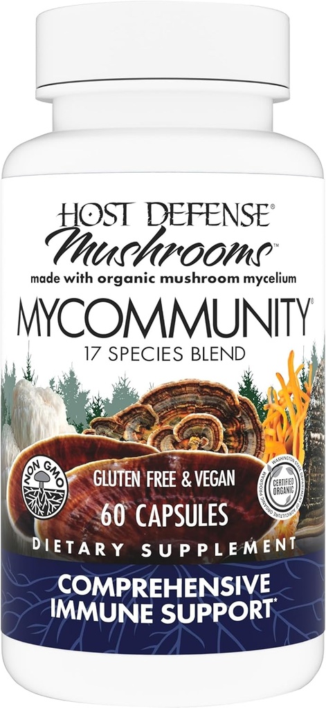 Host Defense MyCommunity Capsules - 17 Especies Blend Mushroom Supplement for Immune Support - Herbal Aid with Lion's Mane, Reishi. Chaga, Cordyceps, Turquía Tail " Más - 60 cápsulas (30 servidos)*
