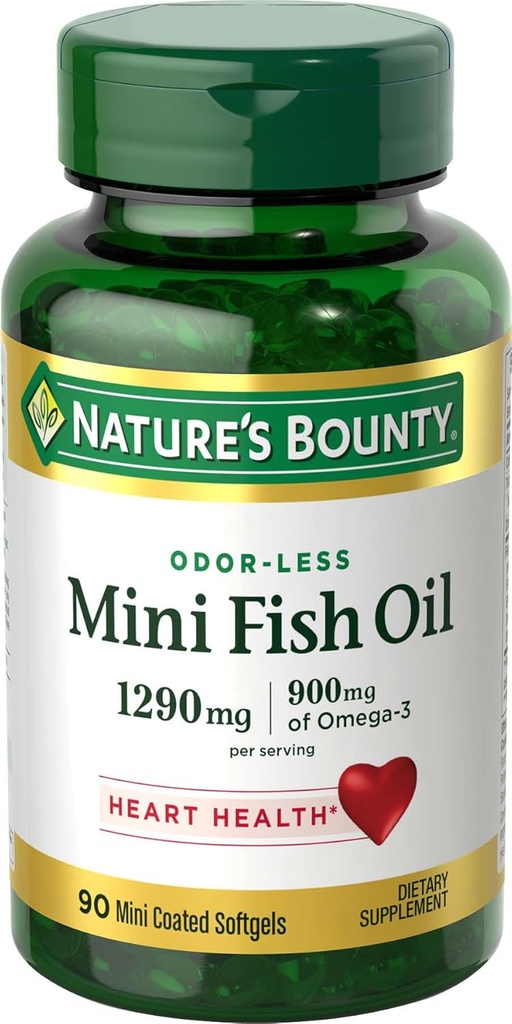 Aceite de pescado Bounty Mini de la naturaleza Softgels, Aceite de pescado de Burples Omega 3 Suplementos, apoya la salud del corazón, 90 Softgels (Pack of 1)