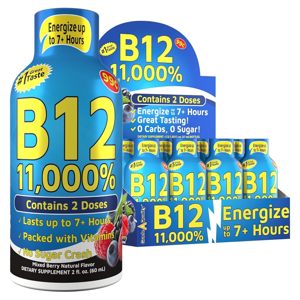 Zapatos de energía de vitaminas, sabor de baya mixta, hasta 7+ Horas de energía, 1,93 Fl Oz, 12 Cuenta