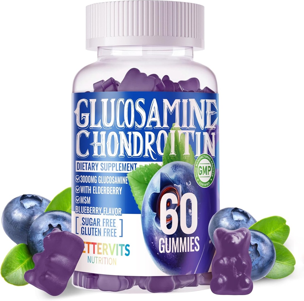 Glucosamine Chondroitin Gummies with MSM & Elderberry Extra Strength - Joint Support, Antioxidant Immune Support Supplement for Adults, Men &amp; Women.60 Blueberry Gummies