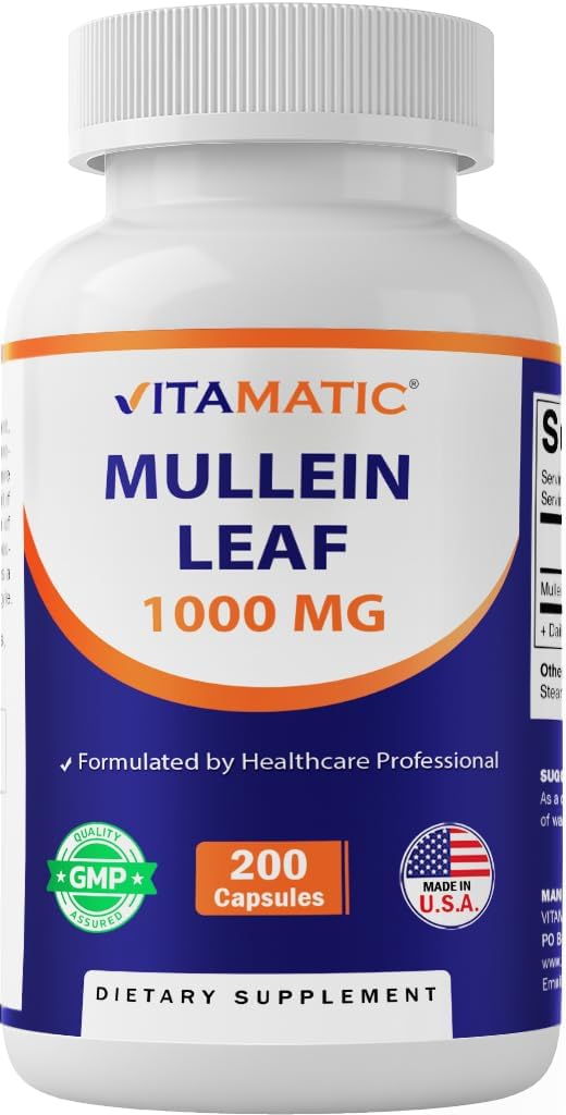 Hoja de Mullein Vitamática 1000mg por Serving - Soportes Respiratorio Saludable, Función Bronchial &amp; Inmune - 200 cápsulas