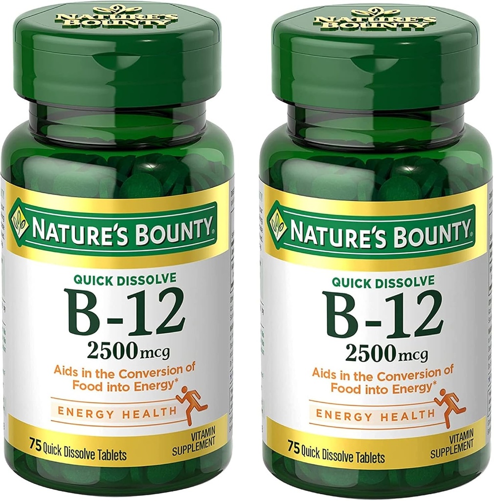 Bounty Vitamin B12 2500 mcg, Cellular Energy Support, for Energy Metabolism, Heart &amp; Nervous System Health, 75 Quick Dissolve Tablets (Pack of 2)