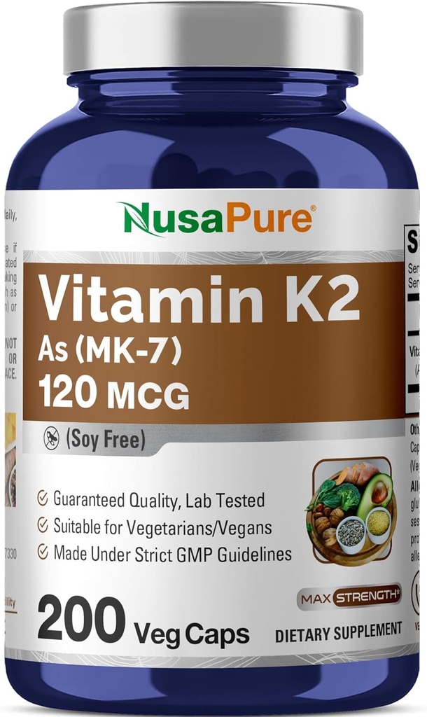 NusaPure Vitamina K2 MK7 120 mcg 200 Veggie Caps (Soy Free, Non-GMO, Vegan)