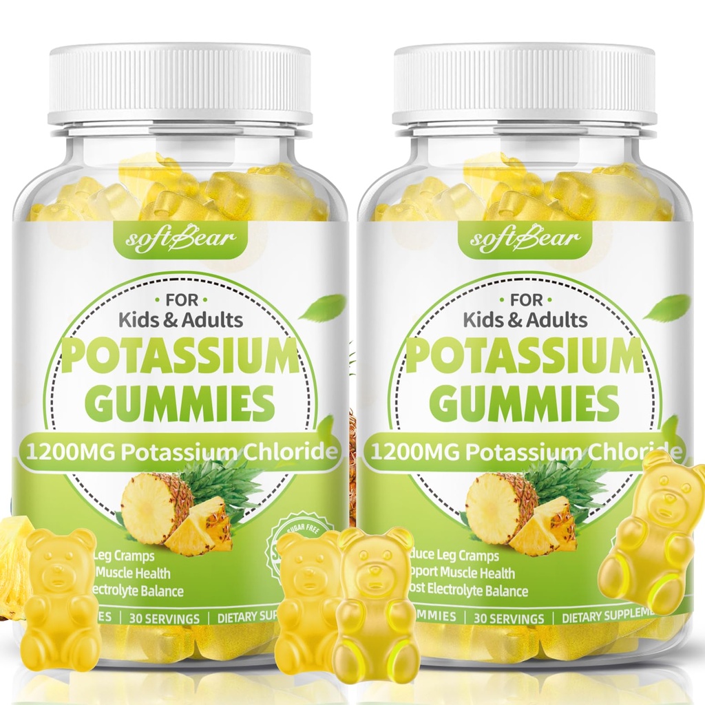 softbear Potasio Chloride Gummies 1200mg, Gummies de Potasio Libre de Azúcar para Adultos Soporte Leg Cramps High Potency Potassium Chloride Suplemento, Pineapple Flavor 120 Conde