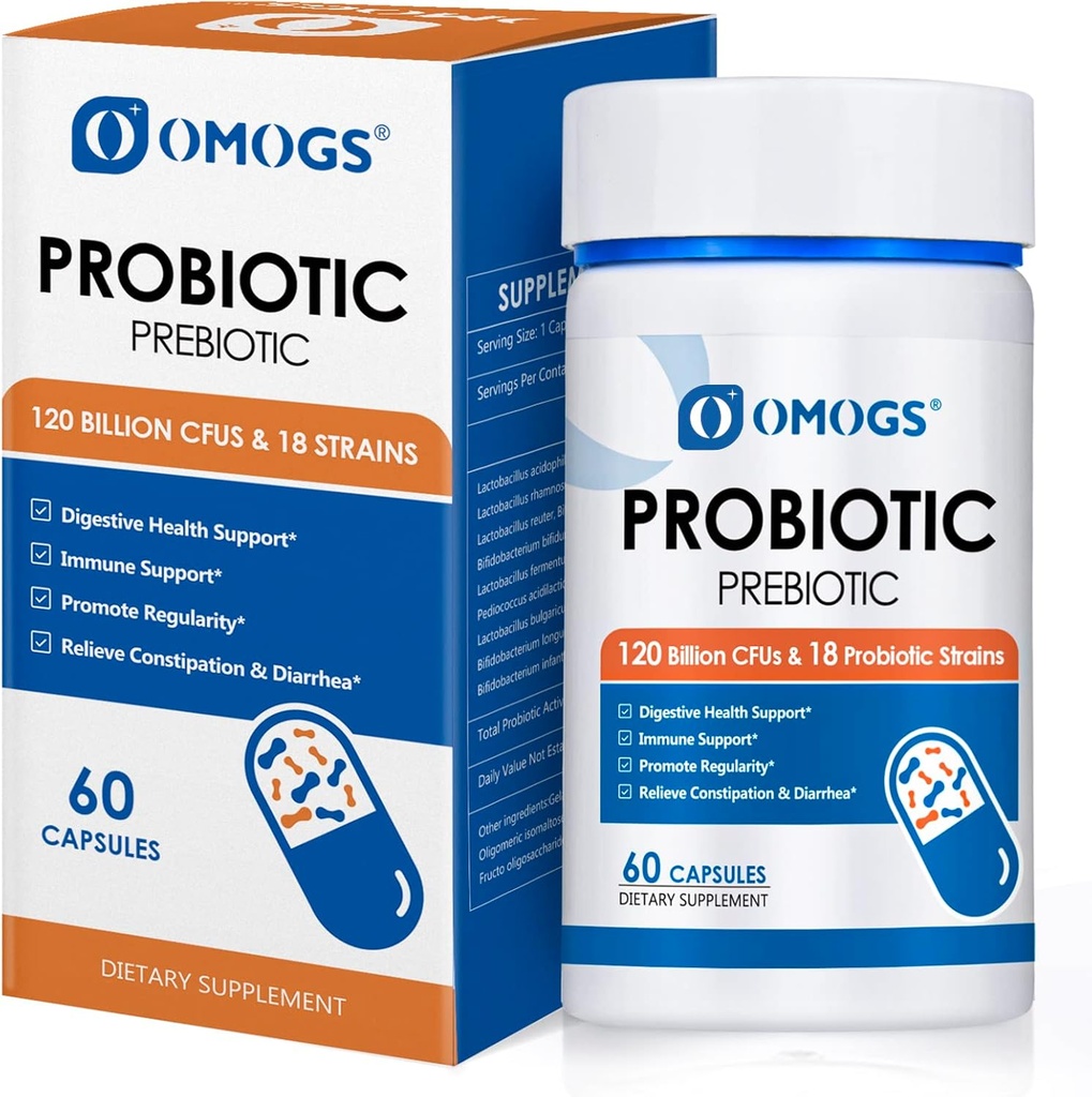 Probióticos OMOGS 120 Billones CFUs 18 Strains, 3 Prebióticos & Enzymes Digestivos, Ayuda Digestivo, Salud Gut, Immune, apoya el estreñimiento ocasional, Diarrea & Gas - para Hombres, 60 cápsulas