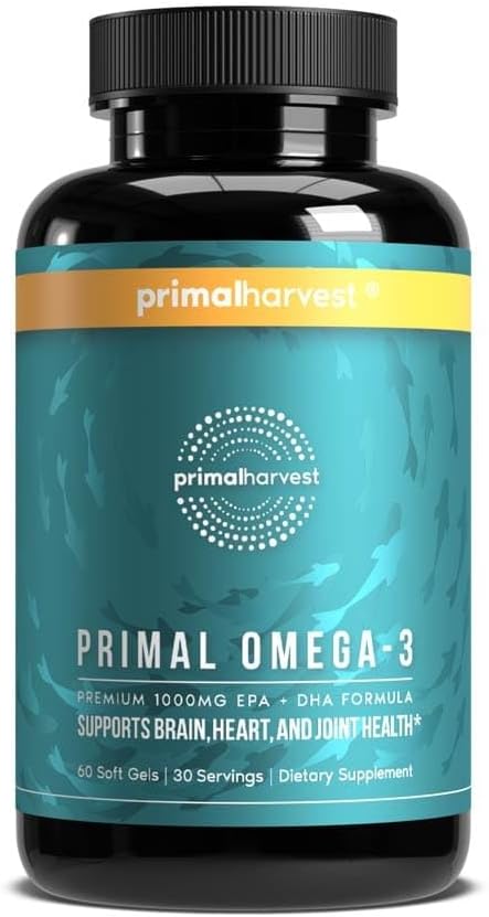 Primal Harvest Omega 3 Suplementos de aceite de pescado, 30 Servidores de geles blandos cápsulas w / 1000mg EPA + DHA Suplementos, No Fishy Burps No GMO Omega 3 ácido graso