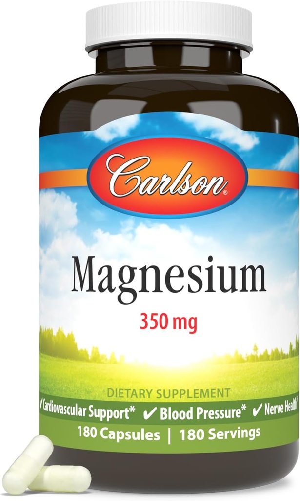 Carlson - Magnesio, 350 mg, Cardiovascular Support, Función muscular & Nerve Health, 180 cápsulas