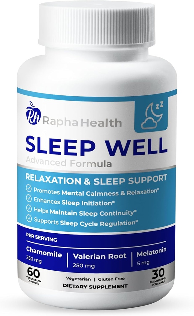 Dormir bien ← Ayuda natural del sueño con Magnesium Glycinate, Valerian Root, y Chamomile ← No-Habit Forming ← 60 Capsules - 30 noches de sueño relajante