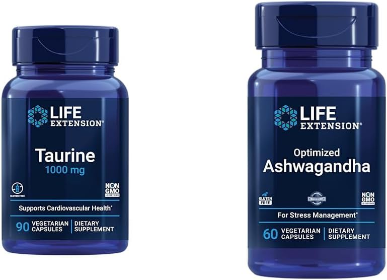 Ampliación de vida Taurine 1000mg y Ashwagandha 60 cápsulas - Cerebro, Corazón, Salud del hígado y Gestión del estrés Suplemento Bundle