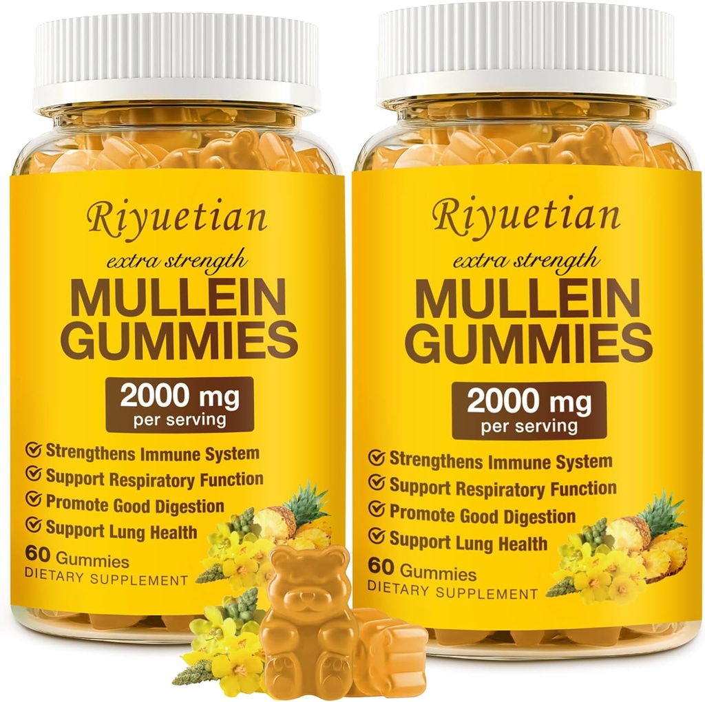 Mullein Gummies, 2000mg Orgánica Mullein Leaf Extract for Clear Lungs, Boost Respiratory " Digestive, Immune Booster for Adults " Kids, Allergy Friendly, Non-GMO, 120 Gummies