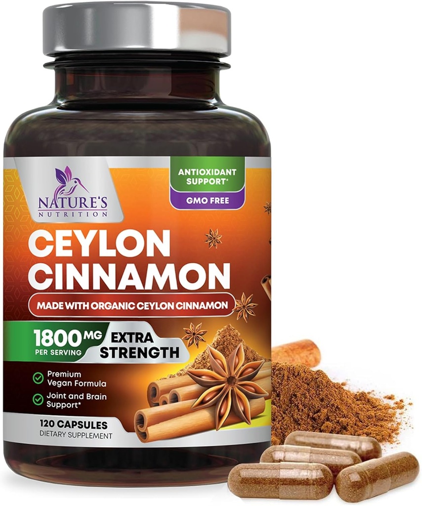 Orgánica Ceillón Cinnamon Suplemento 1800mg - Certified Organic Ceylon Canela Powder Pills - Energía & Corazón de apoyo para Mujeres &amp; Hombres, Botellado en EE.UU., Antioxidante, Gluten Gratis, No GMO - 120 cápsulas