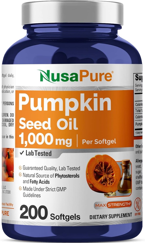 NusaPure Pumpkin Seed Oil 1000mg 200 Softgel Capsules (no-GMO, libre de soja) Naturalmente Occurring Phytosterols