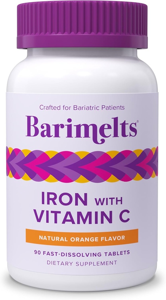 Barimelts Hierro con Vitamina C, 90 Tablas de resolución rápida (1-Mes), Suplemento de Hierro Bariat libre de azúcar para Mujeres, Sabor Naranja Natural