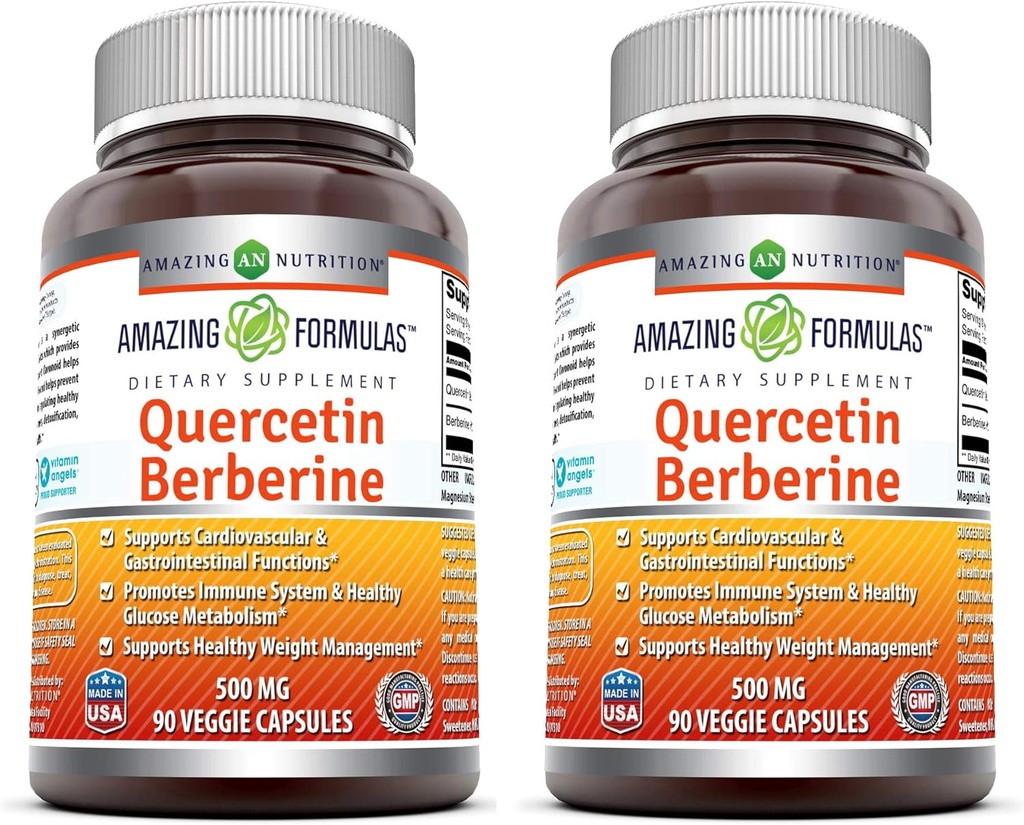 Amazing Formulas Quercetin Berberine | 250 mg Berberine and 250 mg Quercetin | Veggie Capsules Supplement | Non-GMO | Gluten Free | Made in USA (90 | 2 Pack)
