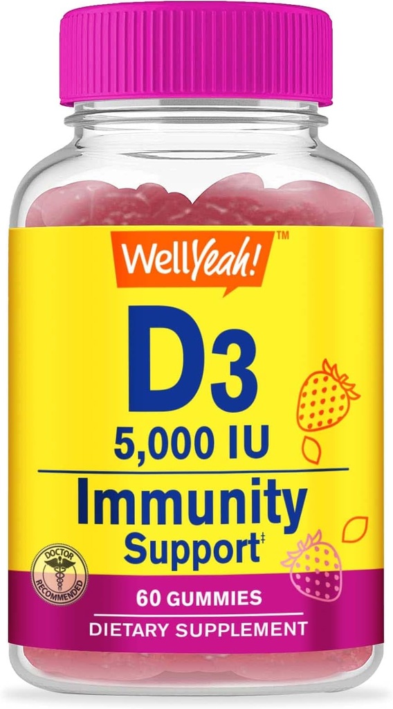 BuenoSí Vitamina D3 5000 UI (125 mcg) Extra Strenght Gummies -para la salud ósea, Booster inmune, bonificación y dientes Soporte -No GMO, Gluten Free, Nut Free, Vegetarian -Strawberry Flavor -60 Gummies