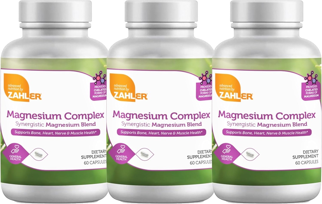Zahler Magnesio Complejo Magnesio sinérgico Blend, soporta el hueso, el corazón, el nervio y la salud muscular, 180 cápsulas.