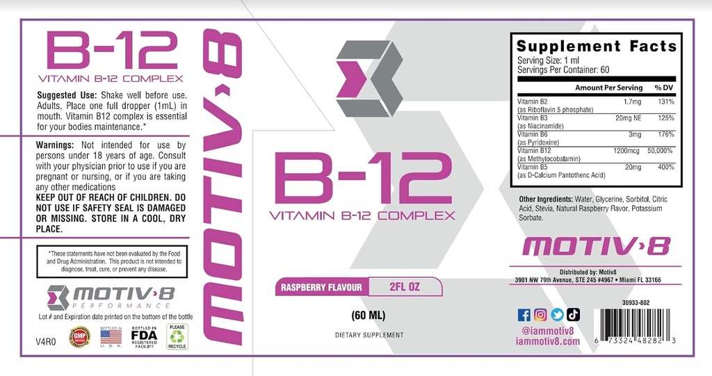 Motiv-8 Esenciales Vitamina B-12 gotas, Sublingual, Fácil de Tomar Suplemento Líquido, Soporta Salud Ojo, Energía Cerebro, Sistema Nervioso, Cognición &amp; Memoria (60 Servings, Raspberry)