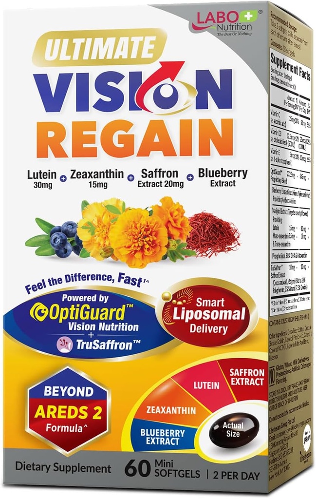 LABO Nutrition Ultimate VisionREGAIN, Vitamina Ocular Más allá de AREDS 2 Fórmula con Lutein, Zeaxanthin, Saffron Extract, Blueberry for Macular and Retinal Health, Eye Fatigue, Night Vision Support 60 Condes