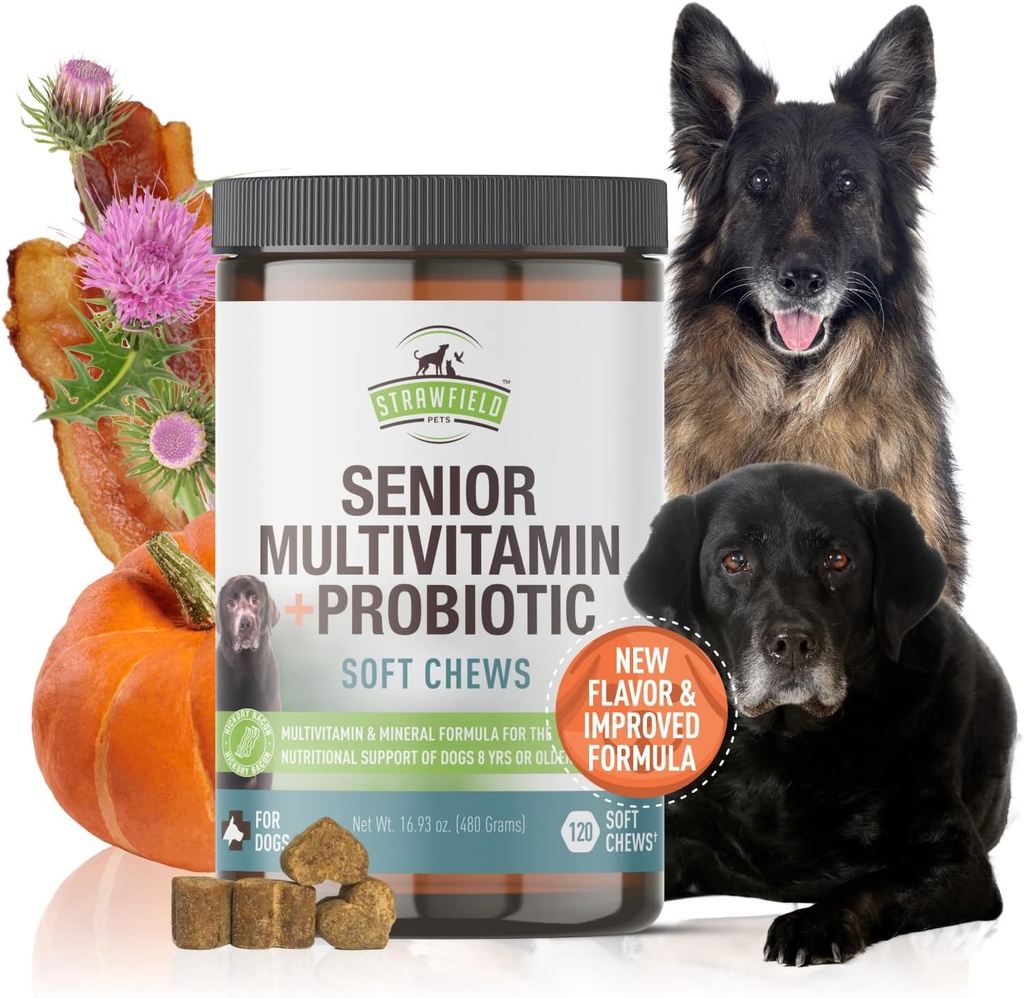 Strawfield Pets Senior Multivitamin + Probiotics for Dogs with Milk Thistle Joint Support Suplemento para perros Bacon Flavor 120 Soft Chews