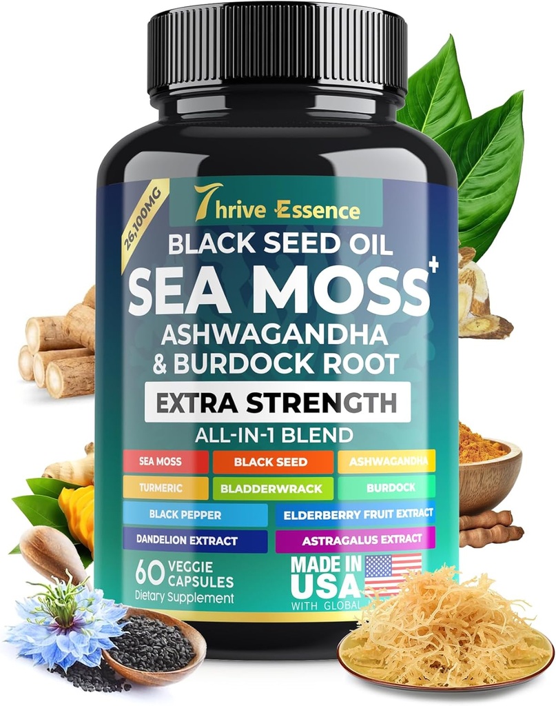 Sea Moss Extract, Black Seed Oil, Ashwagandha, Turmeric " Más – 10-in-1 Suplemento herbal con Black Pepper " Elderberry – 60 cápsulas