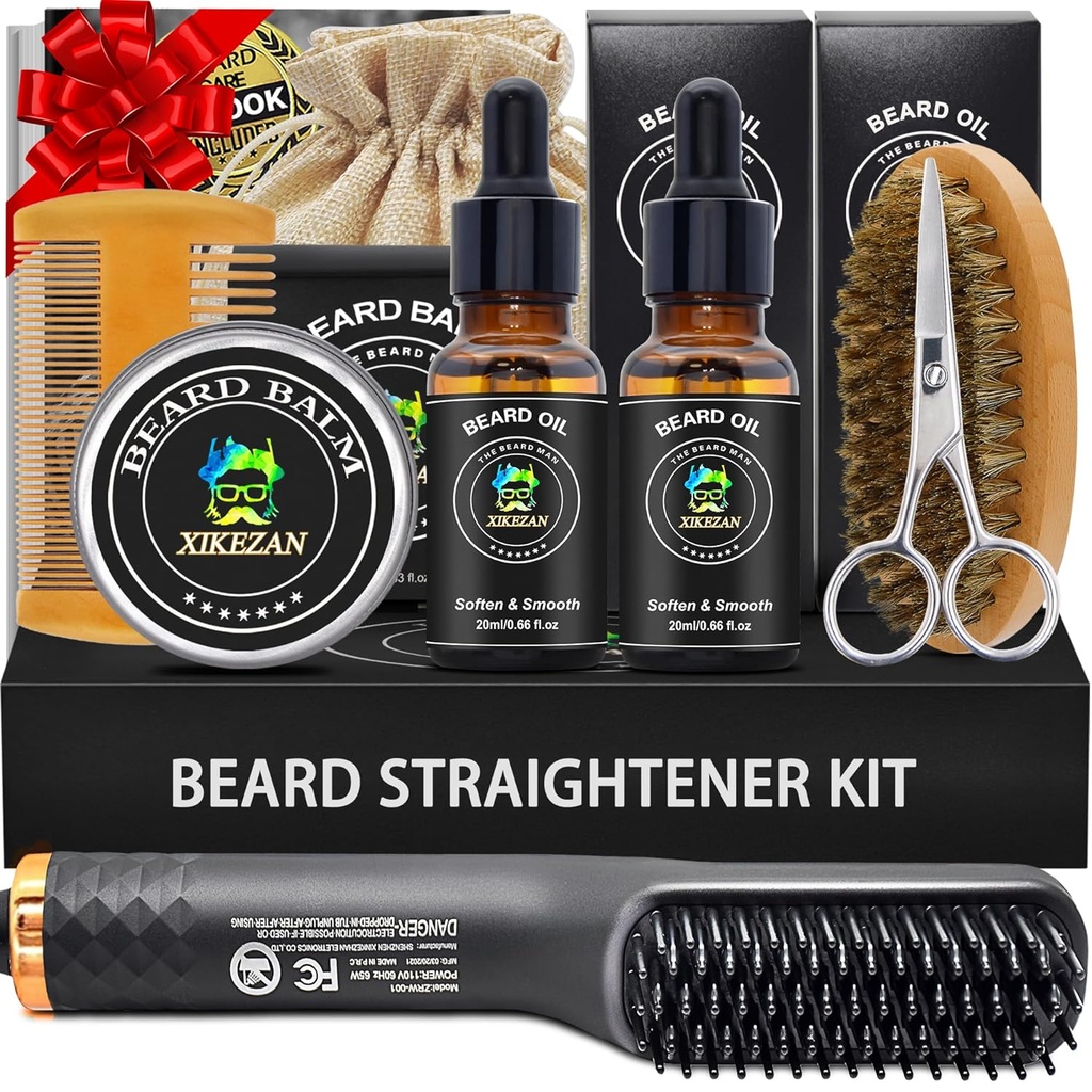 XIKEZAN Beard Kit para Hombres Juego de afilado,w/Beard Straightener, 2 Pack Oil, Balm, Comb, Tijera, Cepillo, Cumpleaños Valentines Regalos para Él Papa Hombre Niño Navidad Stocking Stuffers
