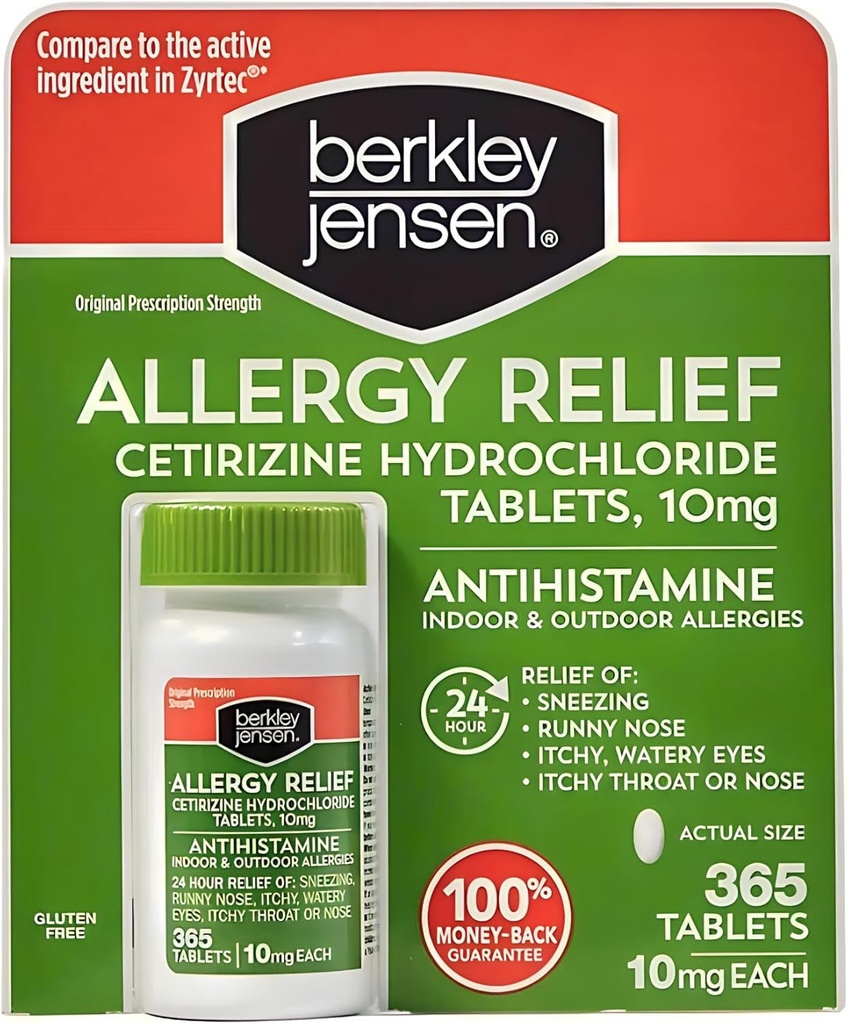 berkley jensen 24 horas Alivio de Alergia (365-Count), 10 mg Cetirizine Hydrochloride Antihistamine - Fast Allergy Medicine for Indoor &amp; Outdoor Alergies, Easy-Swallow Tablets, Compare con Zyrtec
