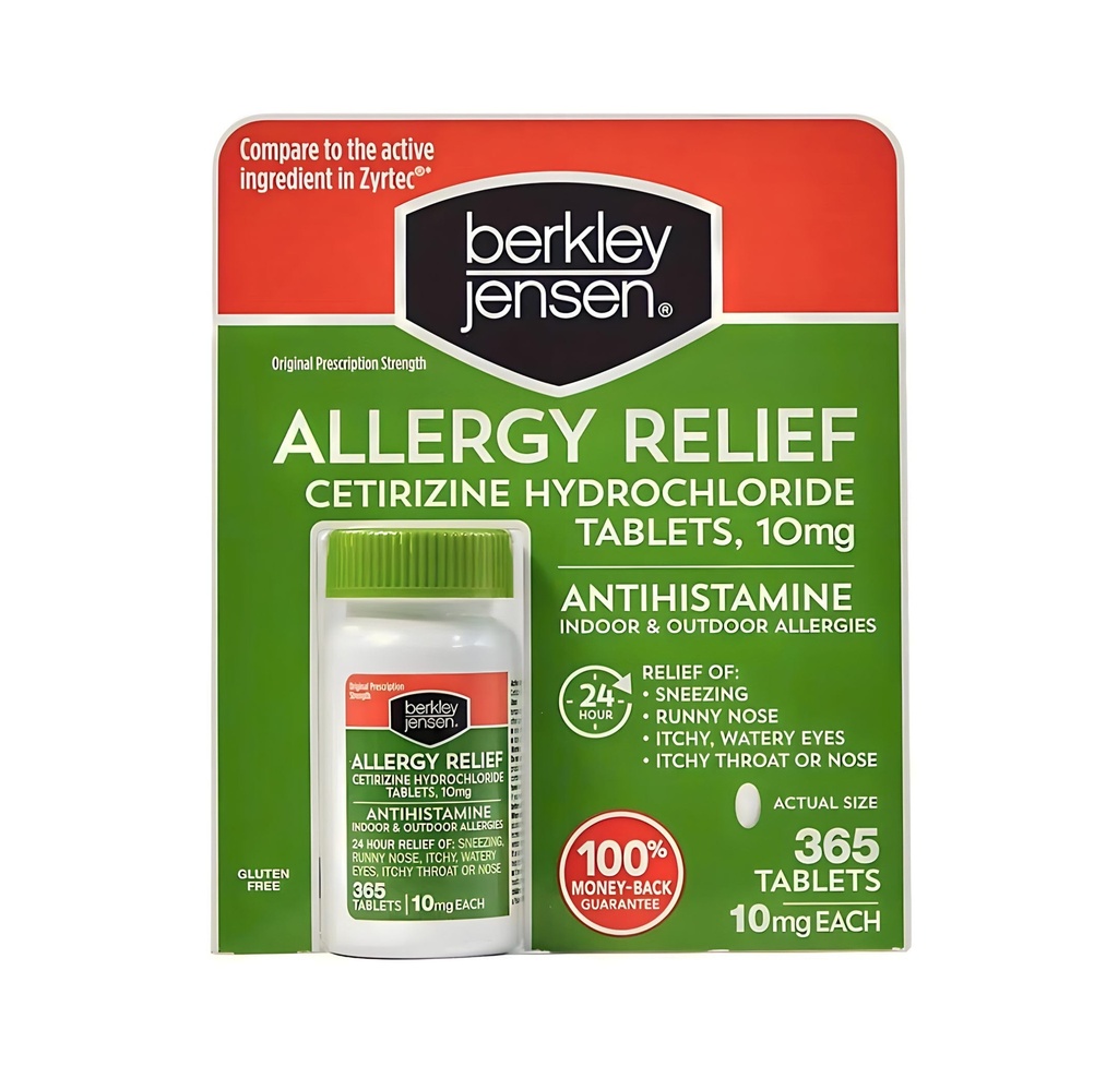 berkley jensen 24 horas Alivio de Alergia (365-Count), 10 mg Cetirizine Hydrochloride Antihistamine - Fast Allergy Medicine for Indoor &amp; Outdoor Alergies, Easy-Swallow Tablets, Compare con Zyrtec
