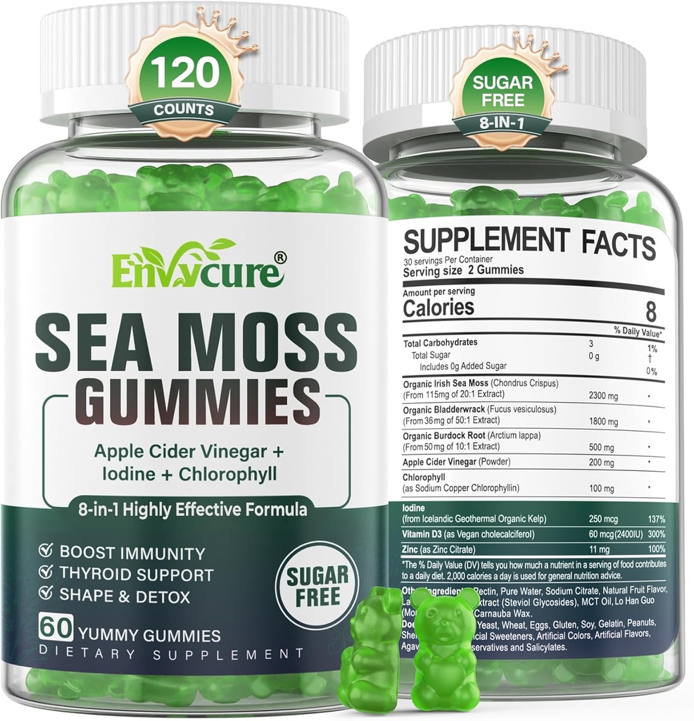 Mar Moss Gummies sin azúcar, Extra Strength Irish Moss Gel Suplemento con Iodine, Chlorophyll, ACV sin mancha, D3, Burdock Root, Bladderwrack para Immune, Digestivo, Skin, Hair, DetЁx, Vegan, 2Pack