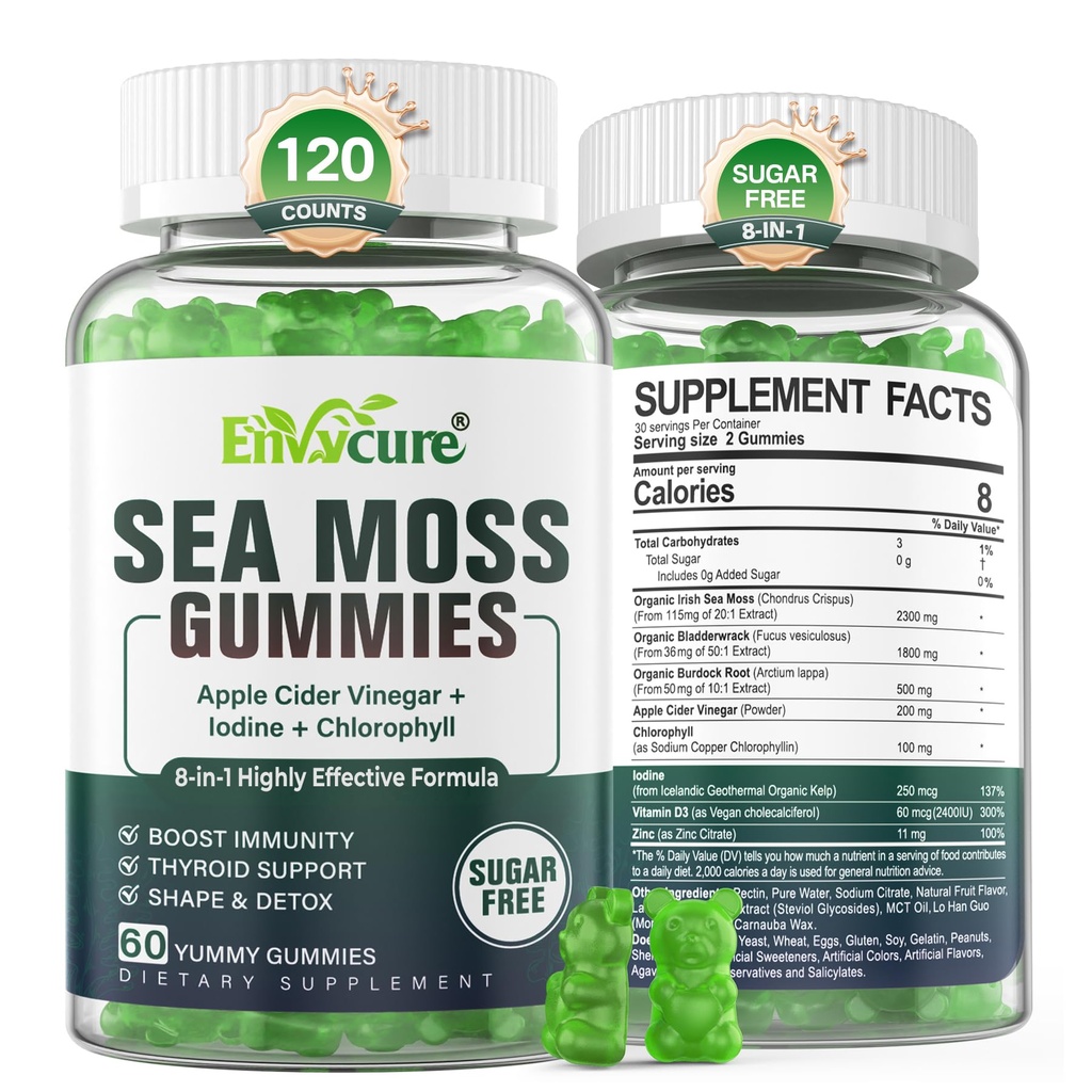 Mar Moss Gummies sin azúcar, Extra Strength Irish Moss Gel Suplemento con Iodine, Chlorophyll, ACV sin mancha, D3, Burdock Root, Bladderwrack para Immune, Digestivo, Skin, Hair, DetЁx, Vegan, 2Pack