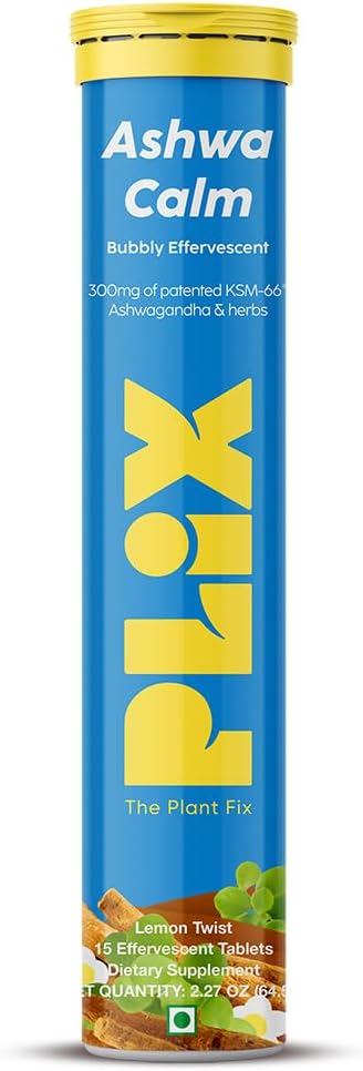 PLIX - THE PLANT FIX KSM-66 Ashwagandha 300mg Suplementos de Efervescencia para Estrés, Mood & Energy Support with Vitamin D3 &amp; Brahmi - 15 Vegan, Non-GMO, Tablets sin gluten, Pack of 1