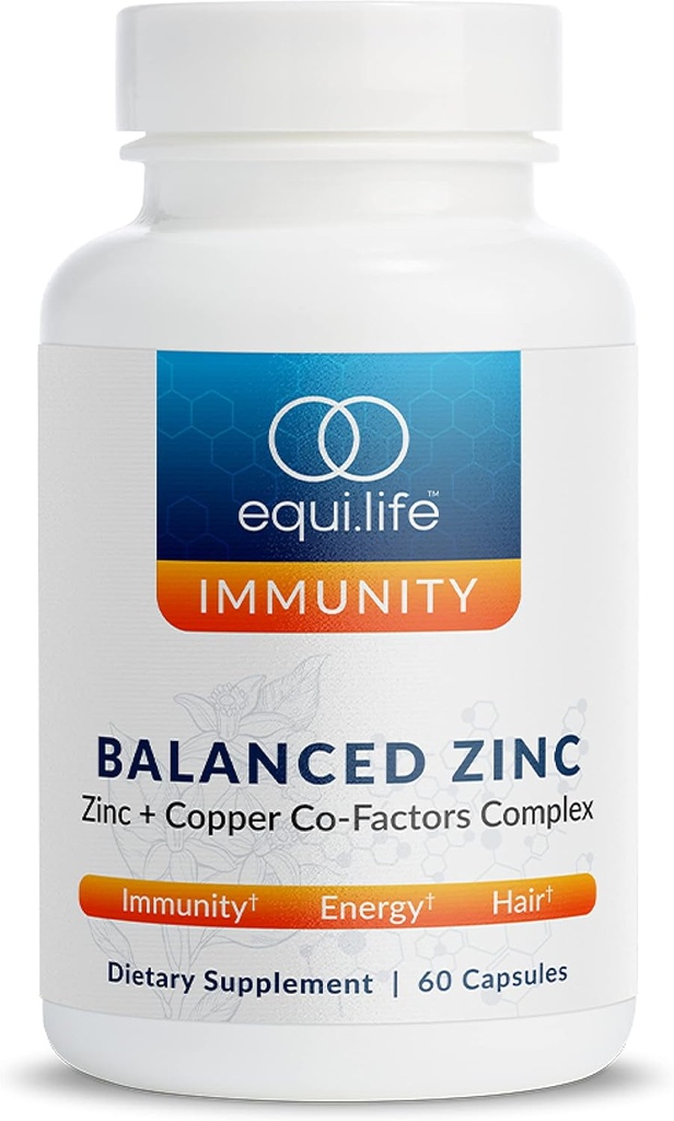 Equilife Balanced Zinc, 15 mg Zinc & Co-Factor Complex Suplemento con Vitamina C &amp; Vitamina B6 para soporte diario de inmunidad y bienestar, Gluten Free, Vegan, Non GMO, 60 cápsulas