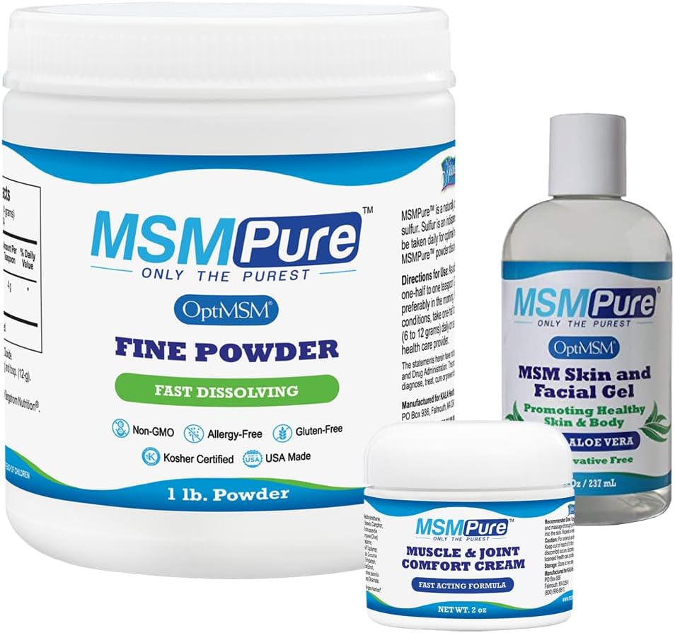 KALA HEALTH MSMPure Starter Bundle with MSM Fine Powder 1lb, MSM Muscle & Joint Cream 2oz y MSM Gel con Aloe orgánico 8oz