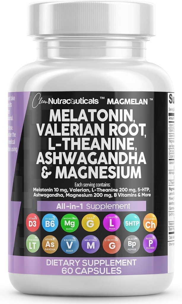 Nutracéuticos limpios Melatonin 10mg Valerian Root L Theanine 200mg Ashwagandha - Apoyo al sueño para hombres y mujeres con complejo de magnesio, limón, manzanilla, " Flores de pasión - 60 caps