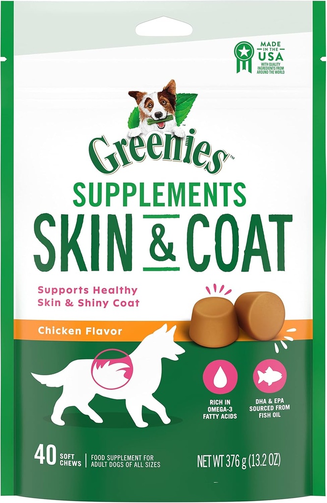 GREENIES Skin &amp; Coat Food Supplements With Fish Oil &amp; Omega 3 Fatty Acids, 40-Count Chicken-Flavor Soft Chews for Adult Dogs of All Sizes