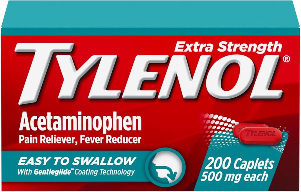 Tylenol Extra Strength Easy to Swallow Acetaminophen, Doin Reliever & Fever Reducer Caplets Coated for Adults with Gentleglide Technology, 500 mg Extra Strength Acetaminophen, 200 ct