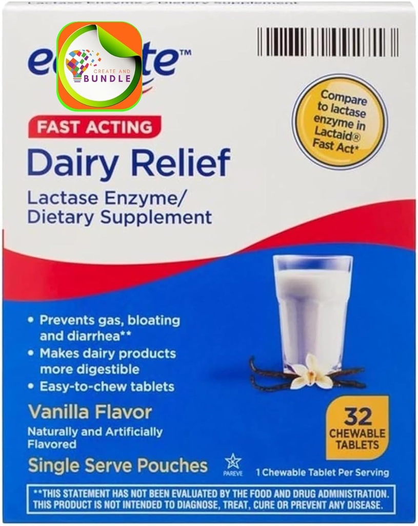 Equate Fast Acting Dairy Relief Lactase Enzyme Dietary Supplement Vanilla Flavor chewables Tablets 32 Cuenta (Pack of 1) + CreativeAndBundle Sticker