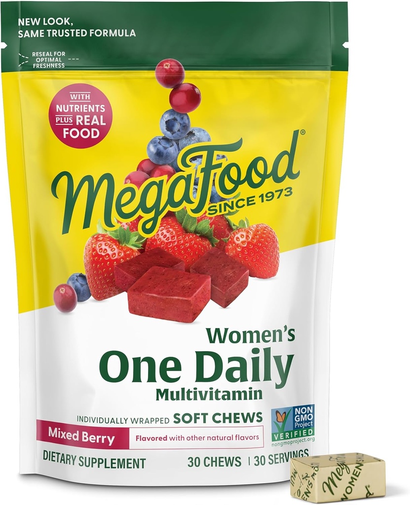 MegaFood Women's One Daily Multivitamin Soft Chews - Multivitamina para Mujer con Folate, Vitamina B6, B12, Biotina, Vitamina D - Delicious Mixed Berry Flavor - Vegetariano, No GMO - 30 Chews
