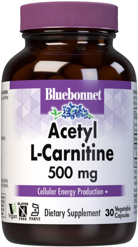 Bluebonnet Nutrition Acetyl L-Carnitine, Transports Fatty Acids, Boosts Cellular Energy, Soy &amp; Gluten-Free, Kosher Certified, Vegan, 30 Vegetable Capsules, White, 500mg
