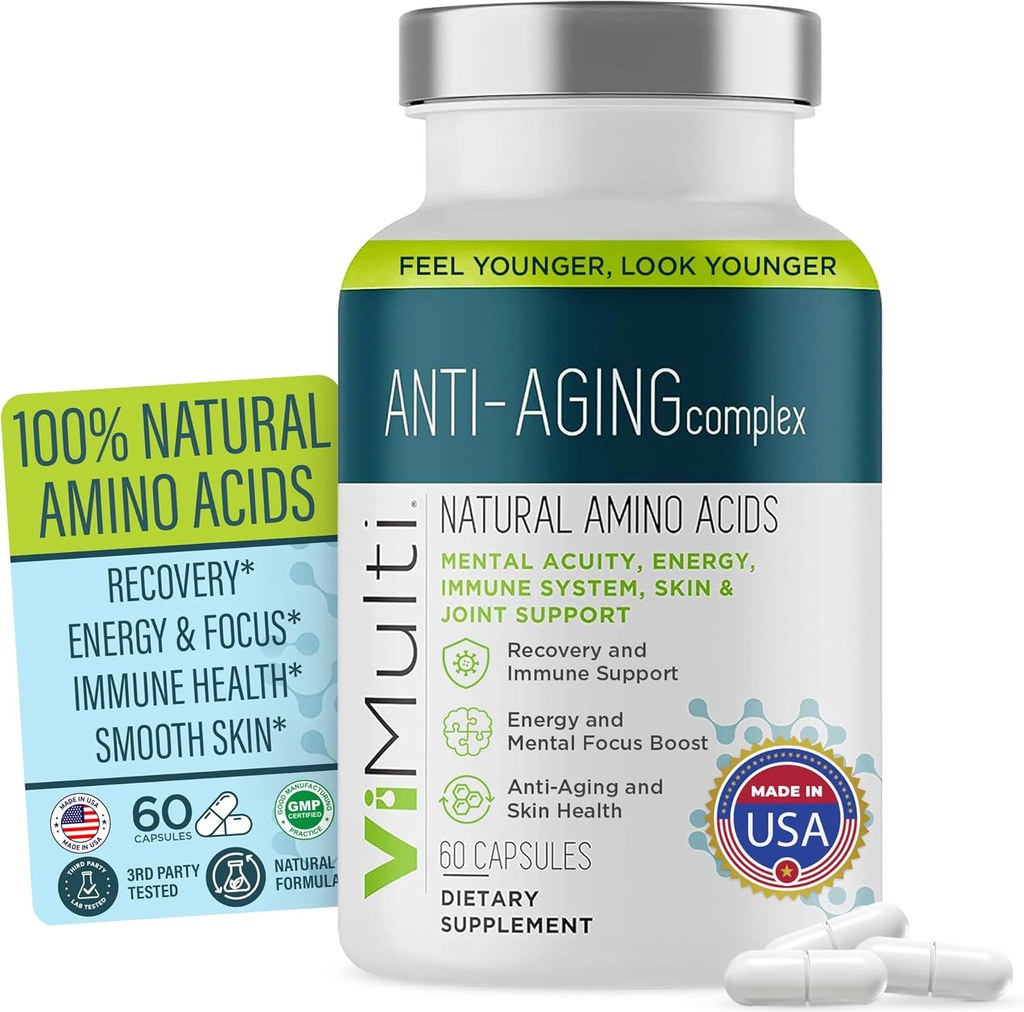 Suplemento de Aminoácidos Naturales Anti-Envejecimiento para Hombres Mujeres – Apoya la Salud Inmunitaria, Energía, Tono de Esquía Smoother, " El sueño restaurativo, píldoras de suplemento anti-envejecimiento para la longevidad, 60 cápsulas
